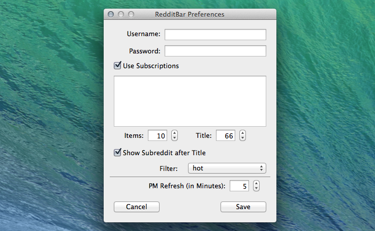 RedditBar Preferences Screenshot